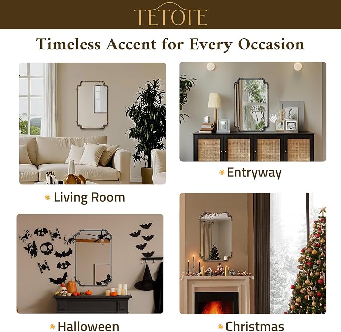 Baroque Antique Bronze Scroll Wall Mirror 48 x 30 Vintage Rectangle Framed Baroque French Rectangular Mirror for Mantle Fireplace Bathroom Living Room, Horizontal/Vertical