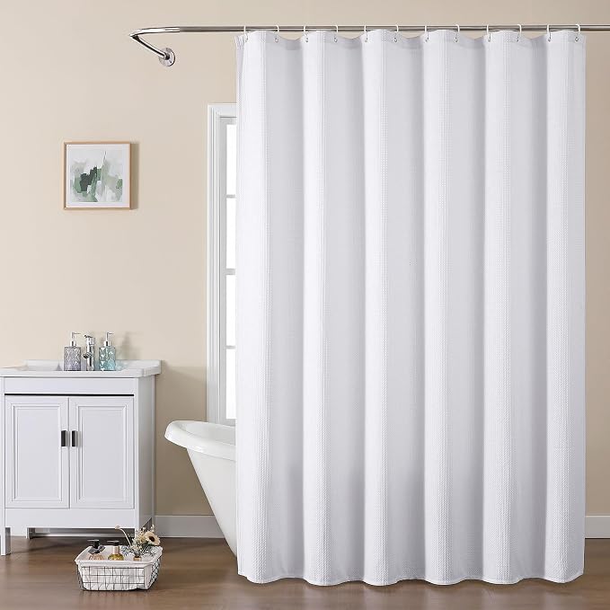 Extra Long White Shower Curtain Set- 96 Inch Long Waffle Weave Heavy Duty Fabric Shower Curtains for Bathroom, Luxury Heavy Duty Thick Cloth Shower Curtain with 12 Plastic Hooks, 72x96, White