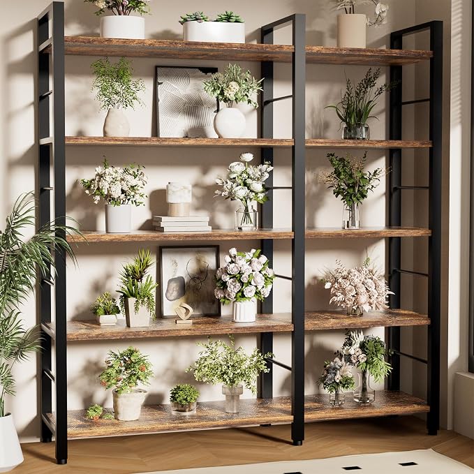65" X 50" Straight Wide 5 Tier Bookshelf with LED Light, L Shaped Bookcase with Adjustable Feet, Corner Book Case with 10 Open Shelves, Shelf Unit Display Shelf for Living Room, Home Office