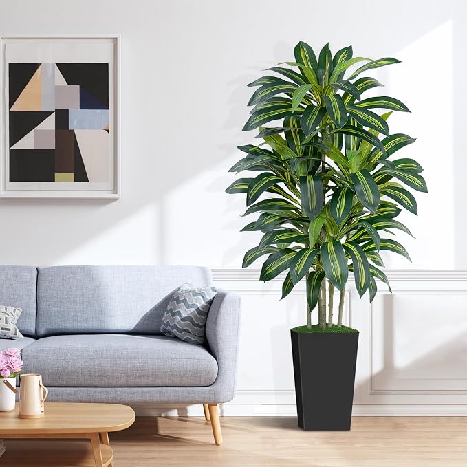 5FT Artificial Dracaena Tree - High-Density Foliage Fake Plant with Black Tall Planter - Faux Yucca Floor Plant for Home Office Decor Indoor