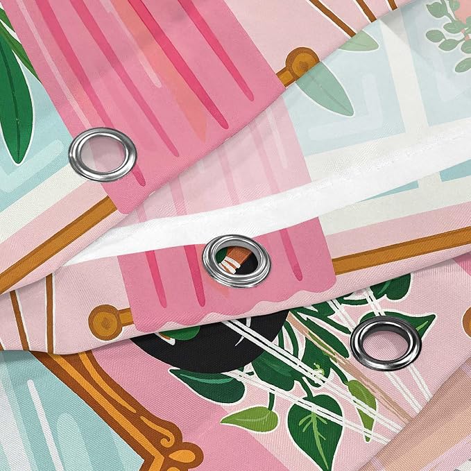 Accnicc Funny Cat Shower Curtain Boho Cute Fun Black Cats Shower Curtains for Bathroom Green Tropical Plant Pink Decorative Girly Waterproof Fabric Bath Curtain Decor 72 X 72 Inches