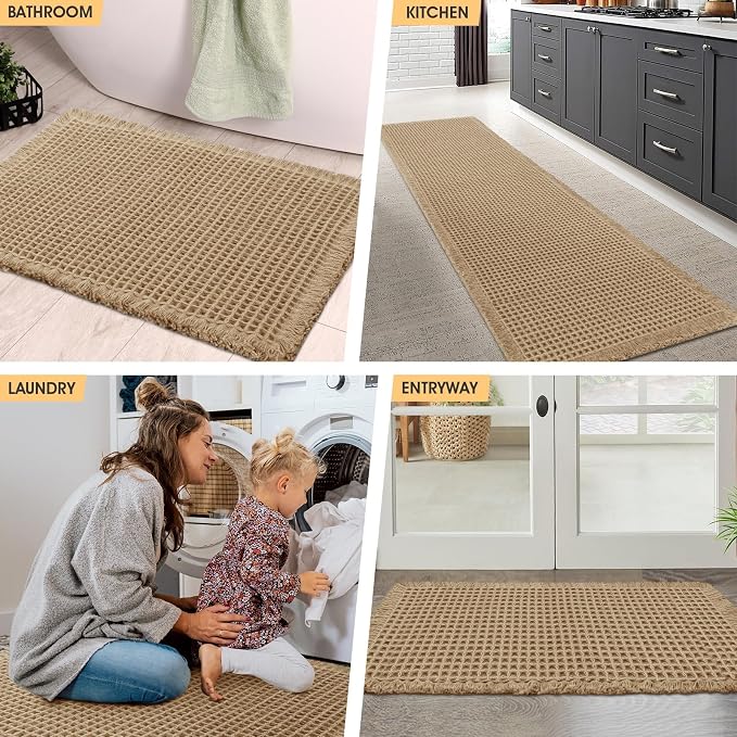 Waffle Bath Mat Beige 24"x17", Boho Woven Modern Bath Mat Rugs, Absorbent Non Slip Bathroom Rugs, Soft Washable Bath Rugs with Tassels for Bathroom, Bedroom, Kitchen, Shower, Tub
