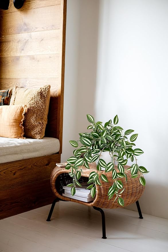 Briful Fake Plant Indoor, 17.7" Green White Faux Trailing Plant in White Plastic Pot Fake Cascading Greenery Plant for Shelf Bathroom Kitchen Office Desk Cabinet Tabletop Home Decor