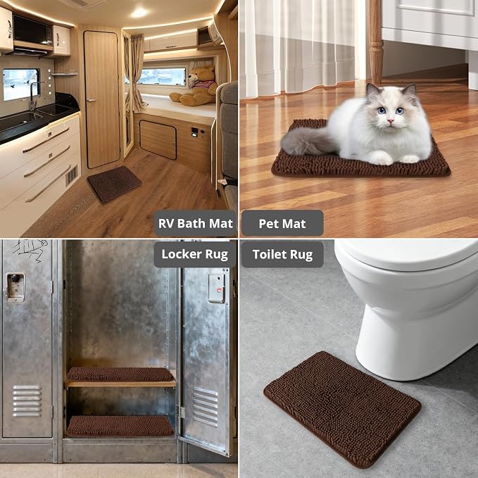Small Bathroom Rug 12"x18" – Washable and Absorbent Bath Mat, Non Slip, Thick Soft Chenille Bath Rugs for Bathroom, Shower, Sink, Dog mat(Brown)