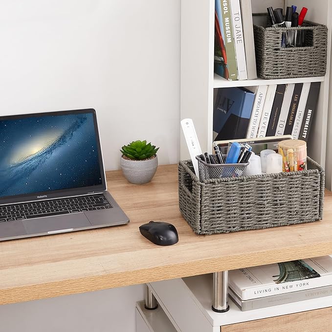 Wicker Storage Basket, Set of 2 Grey Baskets for Toilet Paper | Hand-Woven Wicker Baskets, Small Storage Baskets for Organizing with Handles Foldable Cube Storage Organizer Bins for Shelves
