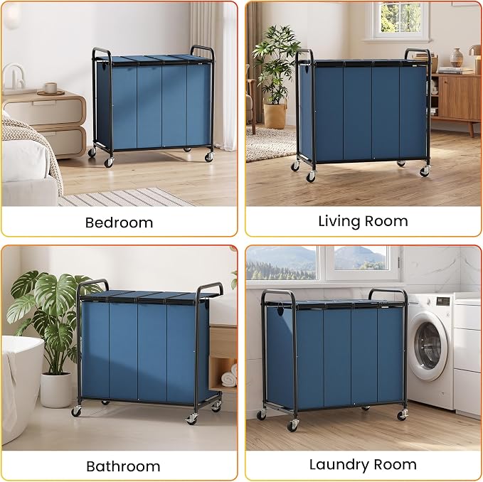 Laundry Sorter 4 Sections 48 Gal, Rolling Laundry Basket with Wheels & Lid | Laundry Hamper, 4 Separated Removable Bags, Lockable Wheels, Dirty Clothes Hamper for Laundry Room Organizer, Blue