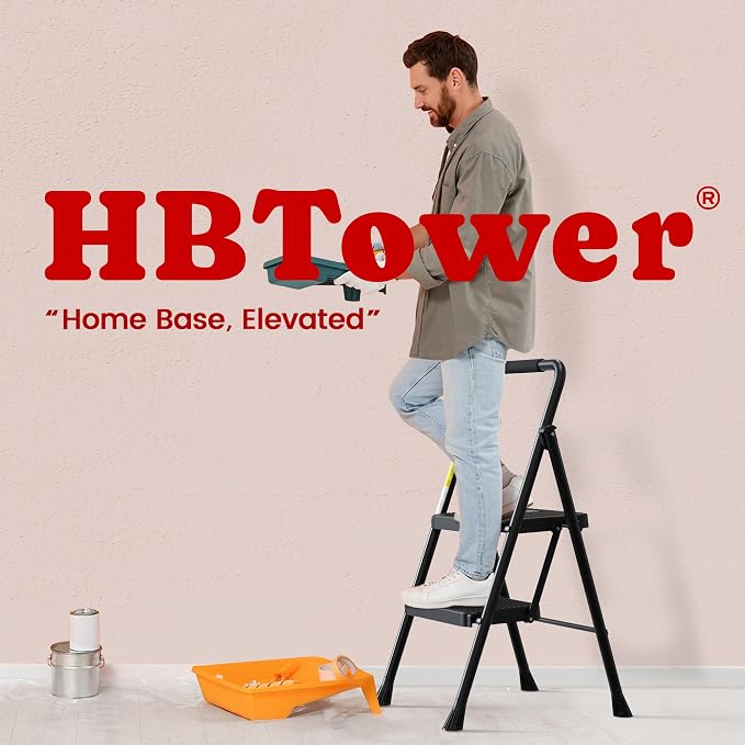 HBTower Step Ladder, Folding Step Stool with Wide Anti-Slip Pedal | Sturdy Steel Ladder, Convenient Handrail, Lightweight, Portable Steel Step Stool