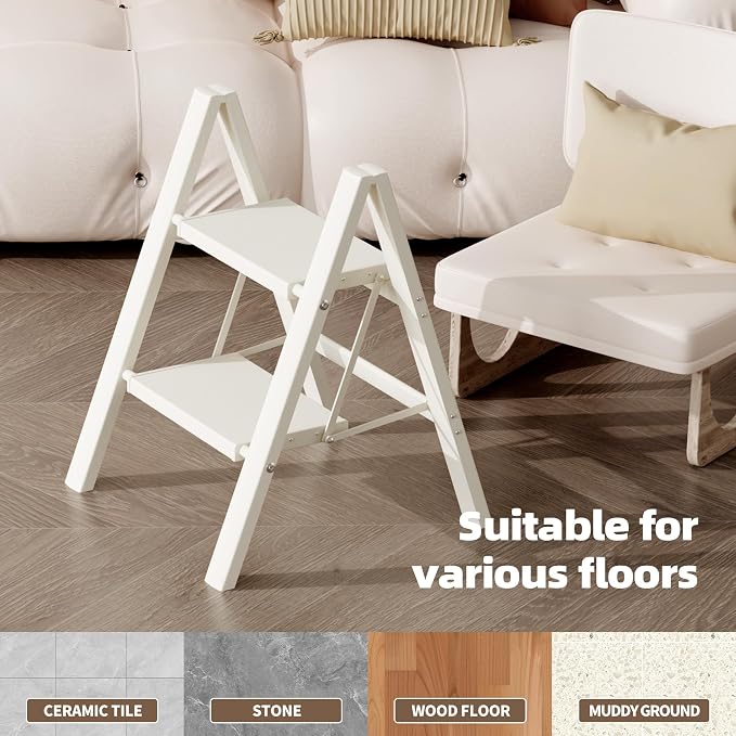 HillhutApex Aluminum Step Stool Foldable,2 Step Ladder (White) | Lightweight Portable step ladder with Anti-Slip Wide Pedal,330lbs Capacity Ladder for Household,Office,Kitchen