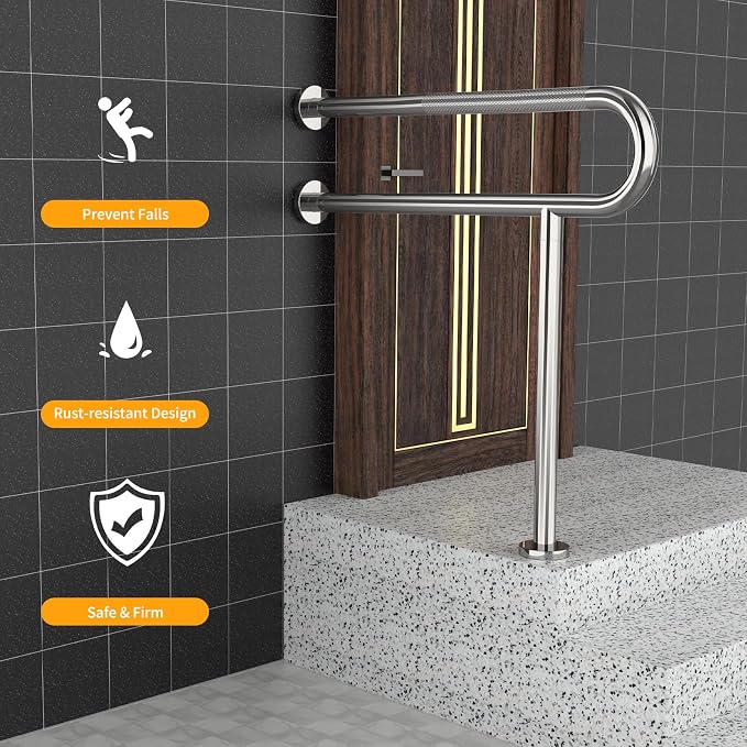 Toilet Grab Bar 32 Inch with Leg, YuanDe Chrome Anti-Slip Toilet Handrail | Wall & Floor Mounted Stainless Steel Grab Bar, Knurled Handicap Support Rail for Elderly, Disabled, Pregnant