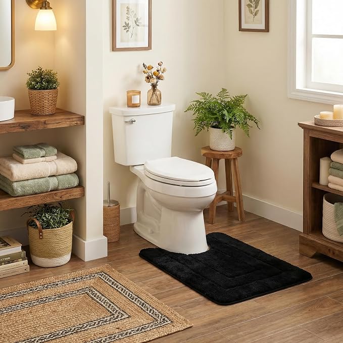 GRANNY SAYS Black U Shaped Toilet Rug 20" x 24", Non-Slip Bath Mat | Soft microfiber, TPR backing, absorbs water quickly, machine washable, fits around most standard toilet bases