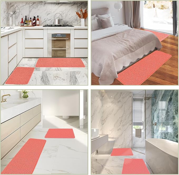 Coral Bathroom Rugs Sets 2 Piece – Absorbent and Washable Bath Mat, Non-Slip, Thick Soft Chenille Bath Rugs for Bathroom, Shower, Sink - 17" x 24"+20" x 32"