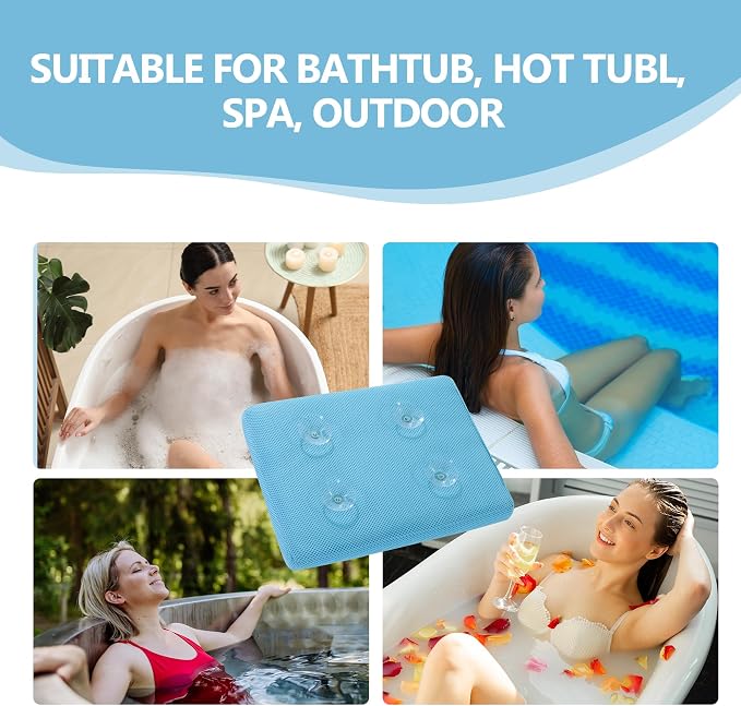 Bath Cushion for Tub with Powerful 4 Non-Slip Suction Cups,Quick Dry Mesh Bathtub Mat,Spa Pillow Bath Accessories for Adults Indoor Outdoor (Blue)