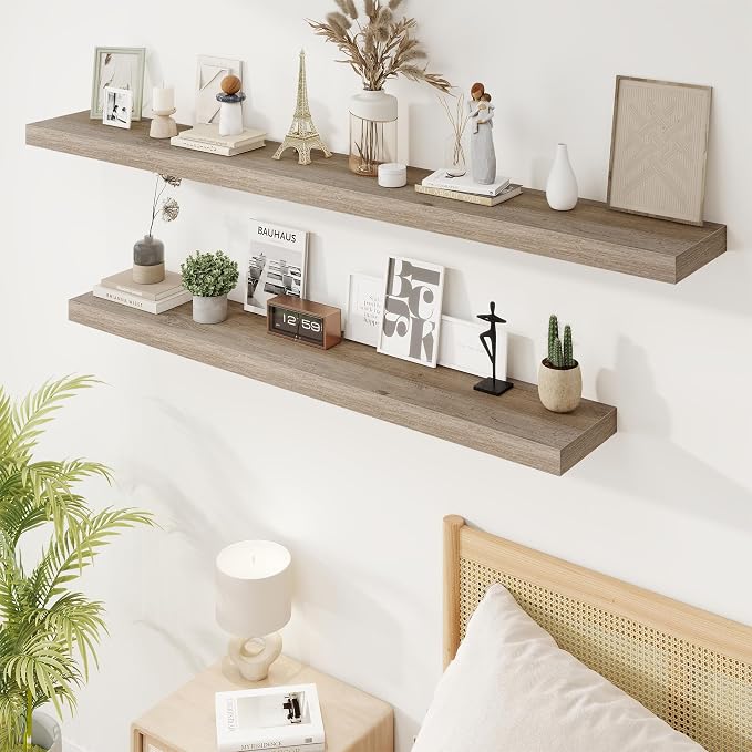 Marsmiles 9.25in Depth 55in Floating Shelves, 55x9.25x1.5, Grey, Set of 1 | Long Wall Mounted Engineered Wood Shelves with Invisible Brackets for Living Room, Bedroom, Bathroom, Kitchen