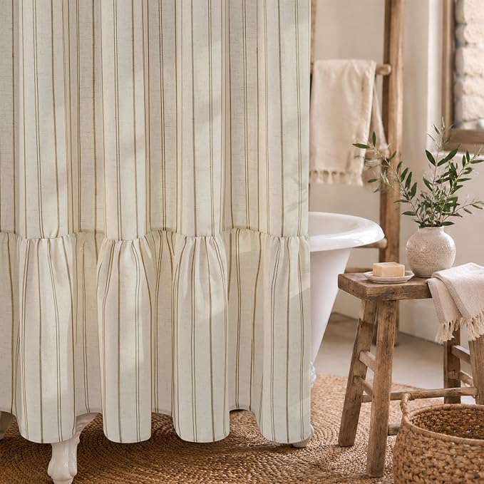 Yinhua Farmhouse Linen Shower Curtain with Ruffle, Vintage Striped Long Shower Curtains Set for Bathroom, Tan Waterproof Bath Curtain with 12 Metal Hooks, Heavy Duty Washable Cloth, 72" W x 84" L