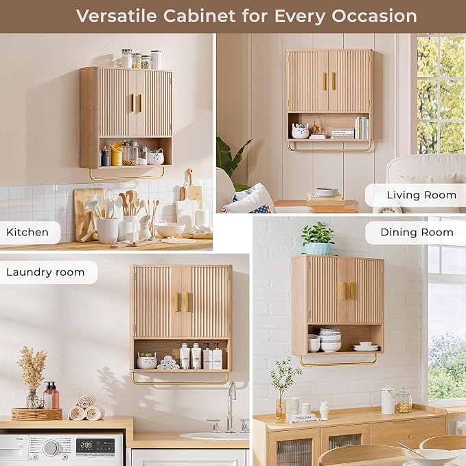 Bathroom Wall Cabinet, Medicine Cabinet with Fluted Door & Adjustable Shelf | Over The Toilet Storage Cabinet with Towel Bar, Space-Saving Cabinet Wall Mount for Laundry Room, Kitchen, Living Room