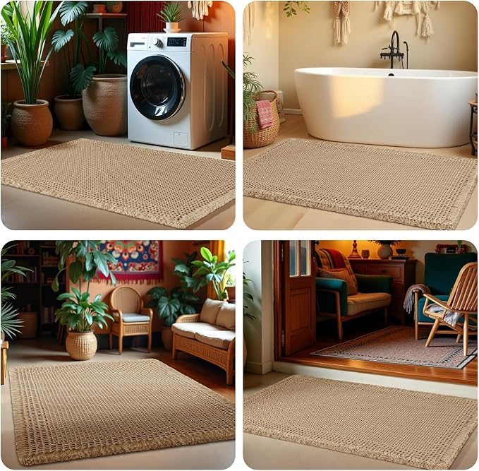 Extra Large Waffle Bath Mat, Boho Bathroom Rugs Absorbent Non Slip, Soft Bathroom Mats, Machine Washable Knit Bath Rugs with Tassels for Bathroom, Bedroom, Kitchen, Shower, Tub, Beige, 6'x2'