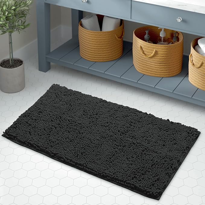 LuxUrux Bath Mat, Extra-Soft Plush Non-Slip Bathroom Rug, Luxury Chenille Microfiber Material, Super Absorbent Shaggy Bath Rug. Machine Wash & Dry (17 x 24 inches, Black)