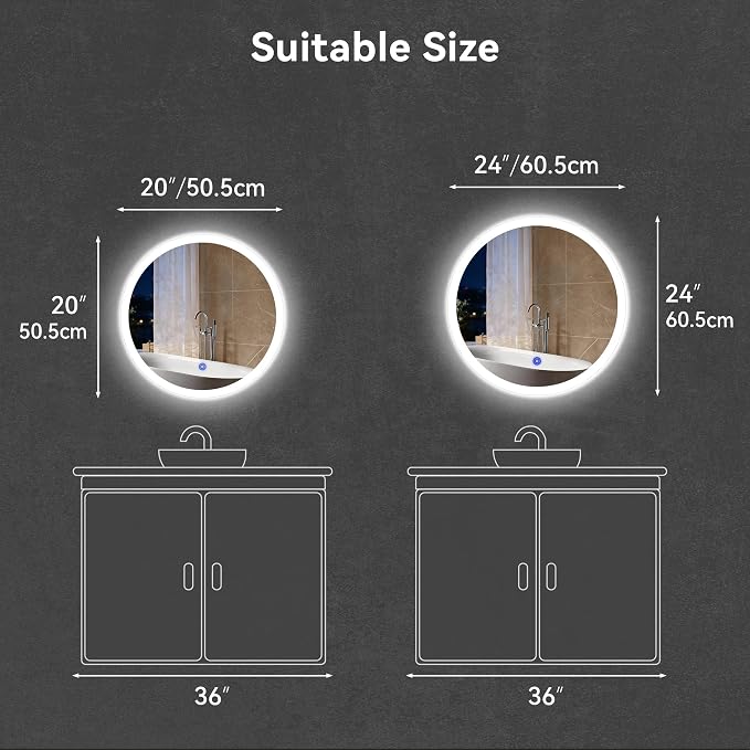 20“ x 20” LED Bathroom Smart Mirror, Round Mirror with Three Color Light Temperature Brightness Settings,Backlit + Front Lit,Wall-Mounted Vanity Mirror with Memory Function