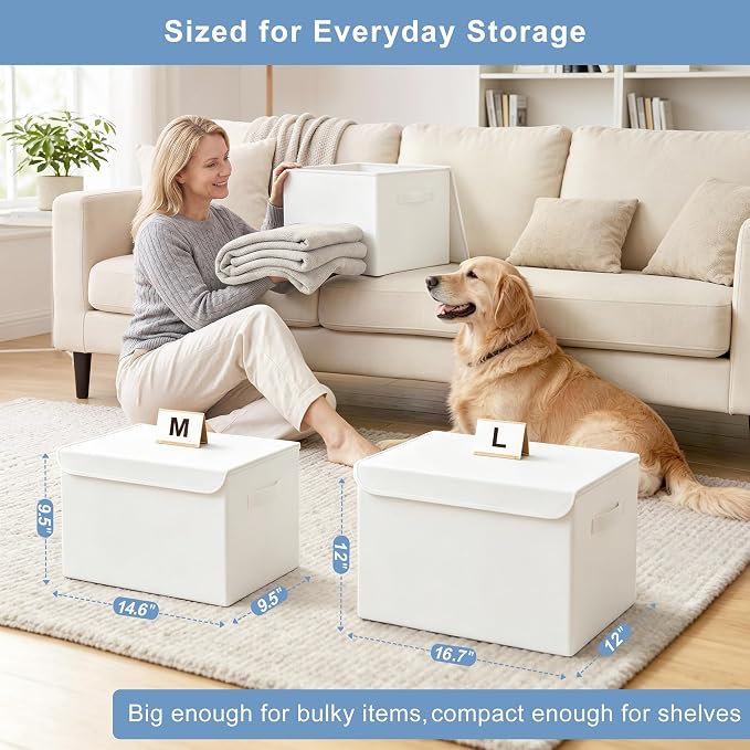 Large 22 Quart Linen Fabric Foldable Storage Bin Cube Organizer Basket with Flip-Top Lid & Handles, Clothes Blanket Box for Home, Office, Closet, White, 4 Pack 14.6 x 9.5 x 9.5”
