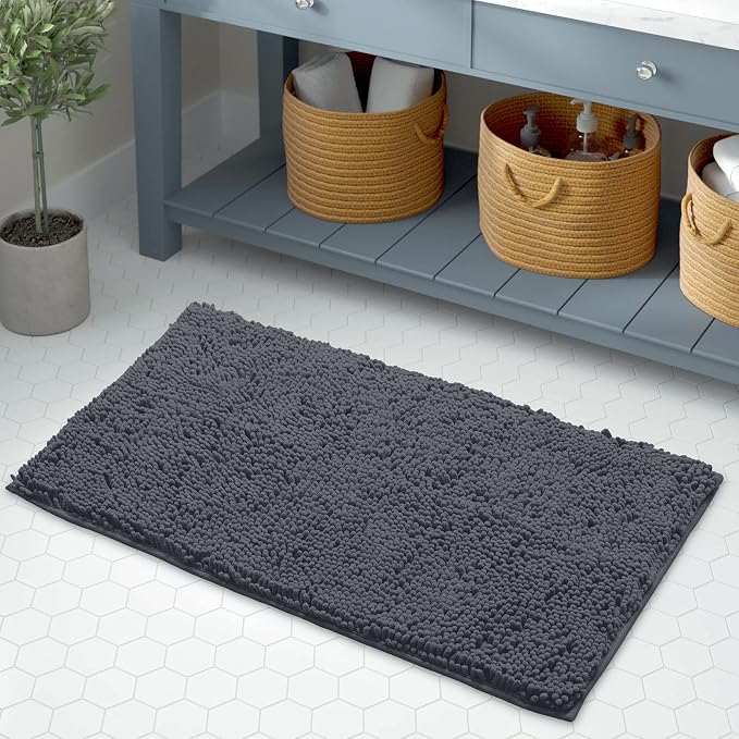 LuxUrux Bath Mat, Extra-Soft Plush Non-Slip Bathroom Rug, Luxury Chenille Microfiber Material, Super Absorbent Shaggy Bath Rug. Machine Wash & Dry (17 x 24 inches, Dark Gray)