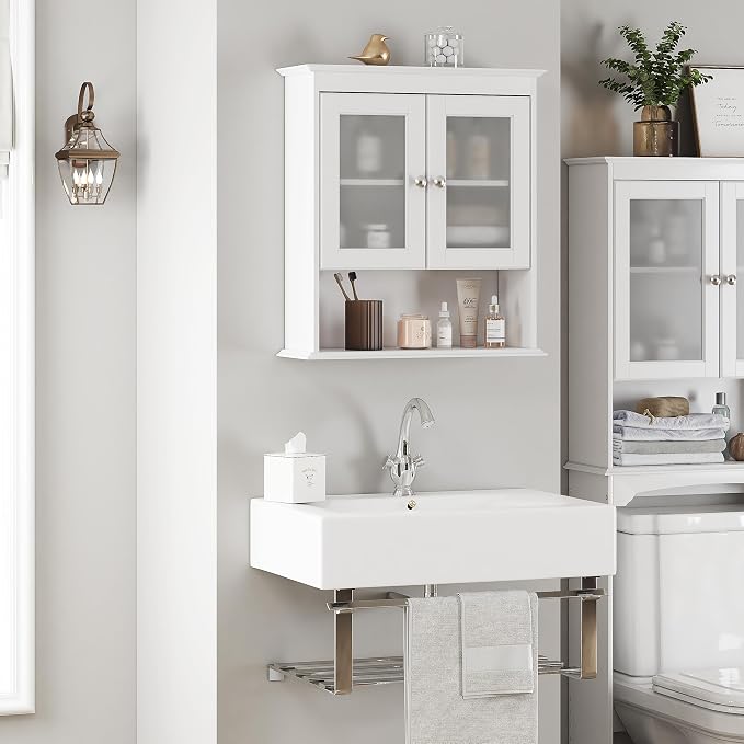 Spirich Bathroom Wall Cabinet with Glass Doors, White Medicine Cabinet | FSC-Certified MDF, Adjustable Shelf, Open Bottom Shelf, Wall Mount Storage for Bath, Kitchen, Laundry Room or Entryway