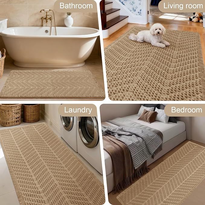 Upgraded Waffle Bath Mat Set 3 Piece Beige-Herringbone, Super Absorbent Non-Slip Quick Dry Bathroom Rugs with Tassels, Machine Washable Ultra Soft Boho Bath Rugs, Toilet Mats Boho Farmhouse Decor