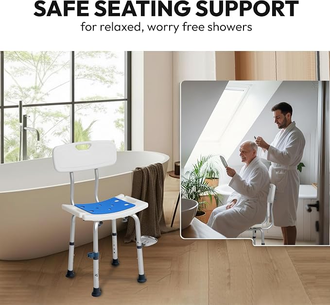 Shower Chair for Inside Shower With Soap box - Height Adjustable Shower Chair for Elderly and Disabled with Removeable Back & Enhanced Non-Slip Feet - Lightweight Aluminum Construction - Blue