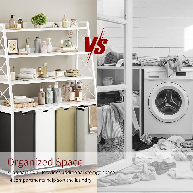 Herture Laundry Basket, 4 Section Laundry Hamper with 4 Tiers Shelf, Pull-Out and Removable Laundry Bags, Large 4 x 15.87 Gallons, for Laundry Room Bathroom White PF12XLE
