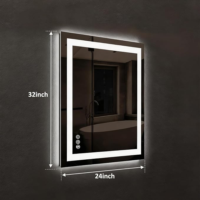 ROOMTEC 24"x32" LED Bathroom Mirror with Lights, Backlit+Frontlit | Anti-Fog, Dimmable, Memory Function, Bathroom Vanity Mirror for Wall, Shatterproof Tempered Glass (Horizontal/Vertical)