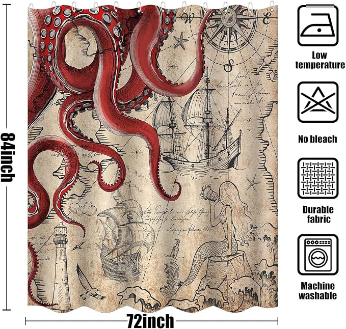 Fungarth 84 Inch Extra Long Vintage Red Nautical Octopus Shower Curtain Mermaid Funny Ocean Kraken Shower Curtains for Bathroom Cool Coastal Map Waterproof Fabric Bath Curtain (Retro1, 72” x 84”)