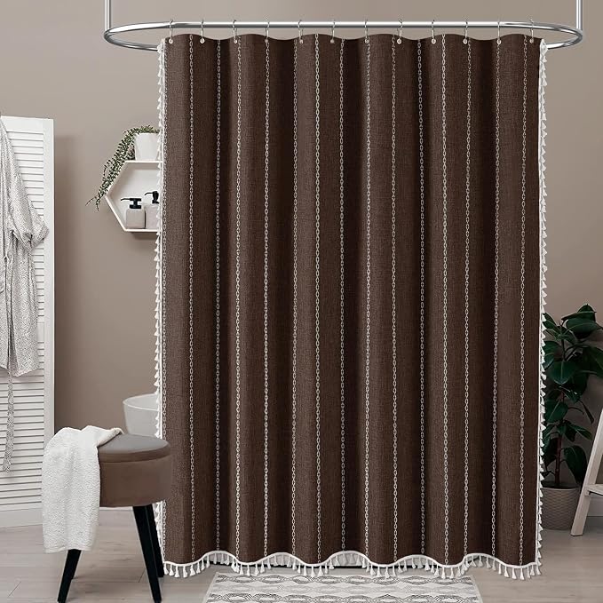 72x96 Extra Long Boho Linen Heavy Duty Cloth Shower Curtain Set, Brown | Extra Tall Size, 330GSM Linen Blend, Water Repellent, Vintage Striped Fabric, 12 Hooks, Rustic Country, Machine Washable