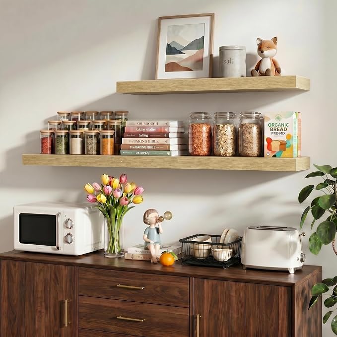 Vivelove 40 Inch Floating Shelves Wall Mounted for Display, 6.5 Deep Duty Shelves with Invisible Brackets for Living Room,Bedroom,Kitchen, Bathroom Storage & Decor,40" Wx6.5 Dx1.4 H - Oak