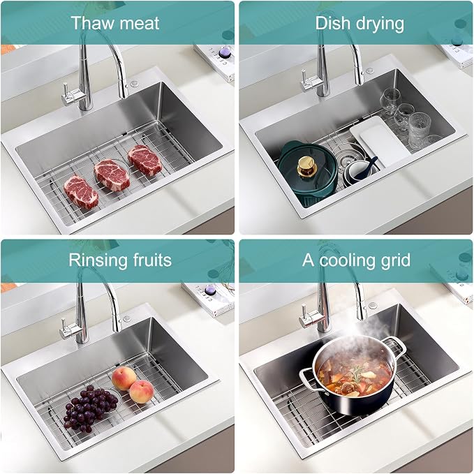 Stainless Kitchen Sink Protector - 30" x 17" with Rear Drain | S304 Sink Grids for Bottom of Kitchen Sink, Rear Drain for Single Bowl Kitchen Sink with Corner Radius