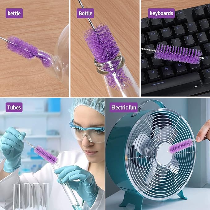 CiaraQ Bottle Cleaning Brushes, 8 Inch Nylon Tube Brush Set | Purple Cleaner for Narrow Neck Bottles Cups with Hook, Set of 10pcs.