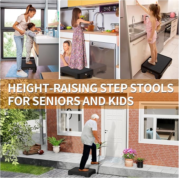 Ronlap Small Step Stools for Adults Car Step Stool for Elderly, Black-Black | Adjustable short one-step plastic platform for seniors & mobility assistance, use by bed, shower, car, RV, stairs & outdoor