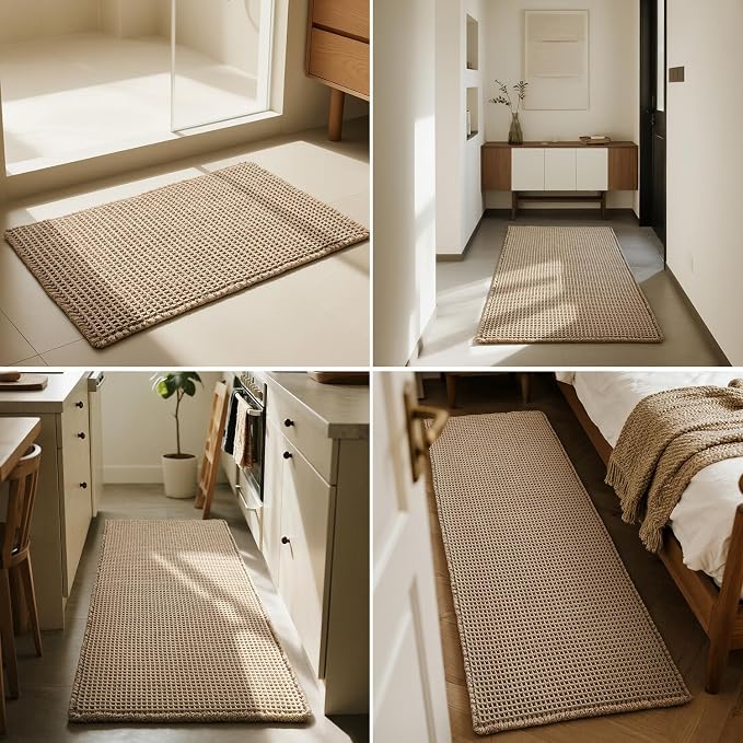 Triohero Waffle Runner Bath Mat - Long Bathroom Rugs Non Slip Washable, Ultra Soft Super Absorbent Quick Dry Boho Farmhouse Bathroom Decor, 24" x 72", Beige