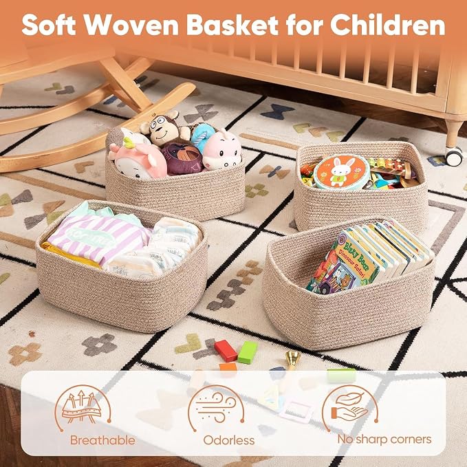 OIASKET 4 Pack Small Storage Shelf Baskets for Organizing, Mini Woven Rope Storage Bins for Towels, Cute Decorative Closet Organizer,Baby Nursery, Gift Empty Baskets -14.17''Lx11.02''Wx6.3''H-White