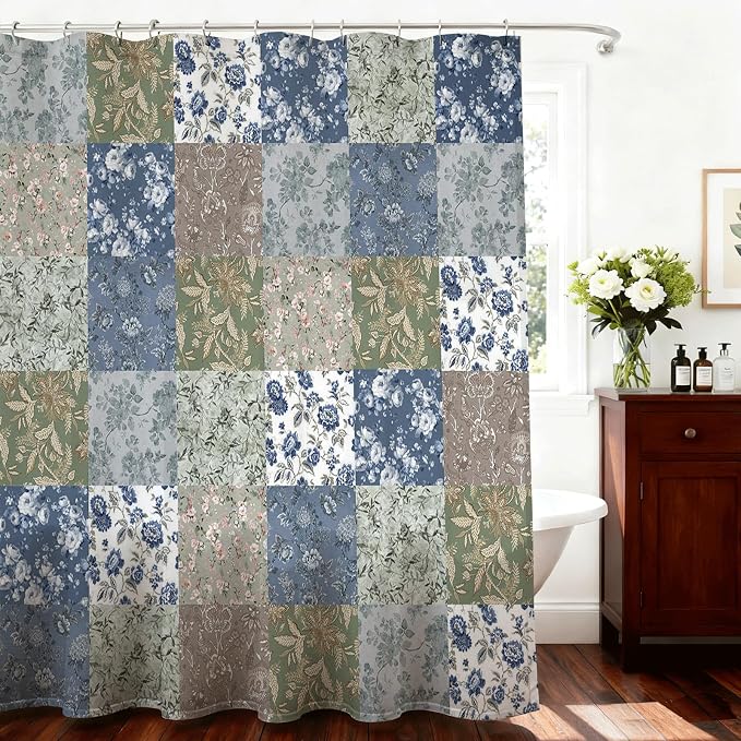 Shower Curtains for Bathroom, Boho Shower Curtain, Vintage Blue Boho Floral Bathroom Decor Bath Curtain, Mid Century Waterproof Retro Farmhouse Patchwork Floral Shower Curtain, 72 X 72 Inches