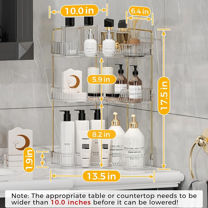 YCIA&DONE Corner Bathroom Counter Organizer, Makeup Organizer for Vanity, Skincare Cosmetic Perfume Tray, Corner Countertop Shelf Rack Storage for Bathroom Kitchen 3 Tiers (Clear White)
