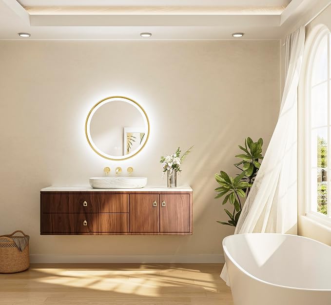 Gold Round Led Mirror with Lights 24 Inch Metal Framed Round Circle Lighted Bathroom Vanity Mirror Wall Mounted, Front and Backlit 3 Color Stepless Dimmable Anti Fog, Shatterproof, CRI 90+