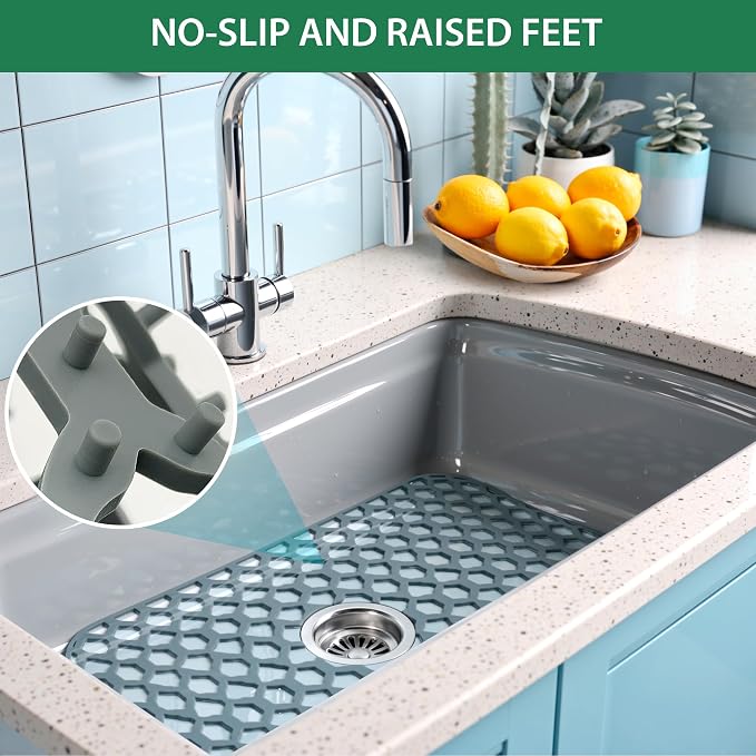 Silicone Sink Protector Mats for Multi-Size Kitchen Sink(25"x15.7") | Flexible and durable, heat-resistant, machine washable, non-slip, gray grid.