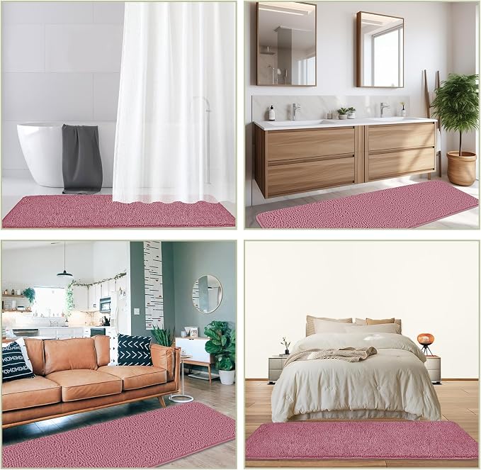Bathroom Runner Rug 24 x 72 Non Slip – Extra Long Bath Mat | Absorbent and Washable Thick Chenille Runner Rug for Bathroom, Shower, Tub, Sink(Dusty Rose)