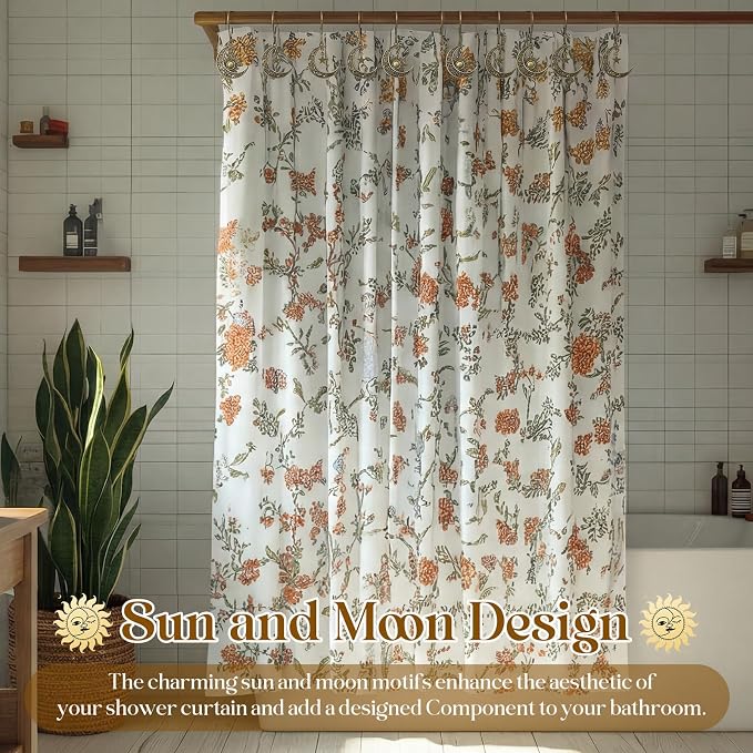 12 Pcs Sun Moon Celestial Shower Curtain Hooks Boho Theme Bathroom Decor Mystic Fantasy Goth Curtain Hooks Rings Vintage Bathroom Decoration (Witchy,Bronze)