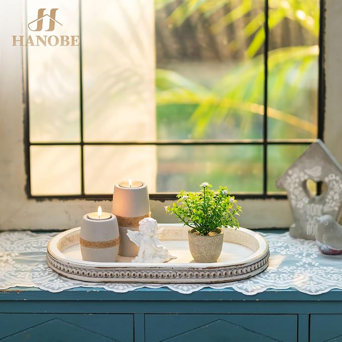 Hanobe 15" White Oval Decorative Trays for Coffee Table Decor, Beaded Edge | Shabby Chic Finish, Wood Farmhouse Table Centerpiece for Candle Plate, Kitchen Dining Living Room