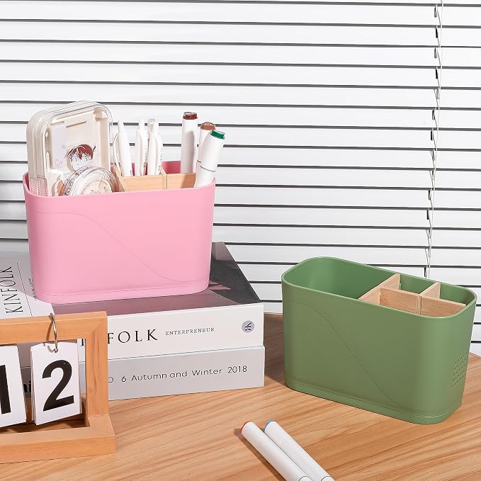 Toothbrush and Toothpaste Holder, 4 Slots, Pink | Bamboo Dividers, Kids Electric Tooth Brush Organizer for Bathroom Countertop Accessories Storage