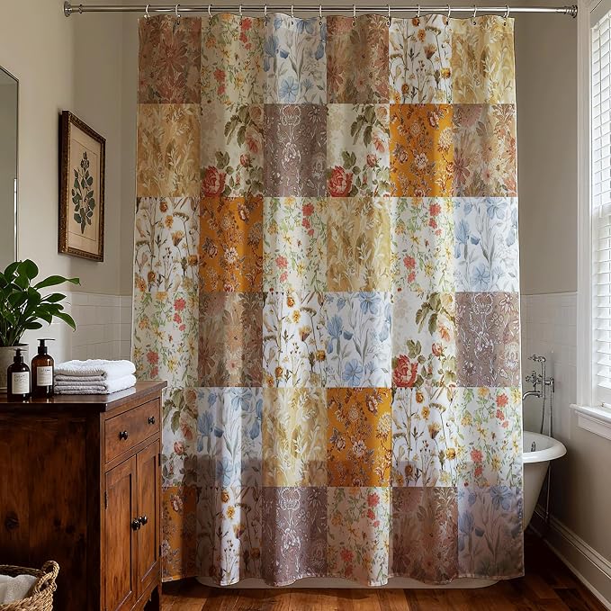 Mocsicka Shower Curtains for Bathroom, Vintage Boho Shower Curtain, Boho Floral Bathroom Decor Bath Curtain, Waterproof Retro Farmhouse Patchwork Floral Shower Curtain, 72 X 72 Inches