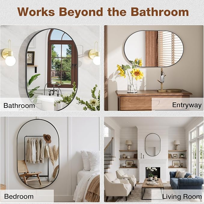 24"x32" Black Oval Bathroom Mirror for Over Sink, Vanity Wall Mirror | Tempered Glass, Clear Reflection, Rust-Resistant Aluminum Frame, Vertical or Horizontal Wall Mount, Bedroom and Entryway
