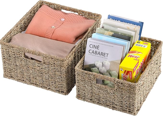 HOONEX Large Wicker Baskets for Storage, Seagrass Baskets with Dual Handles, Woven Set of 2, Natural