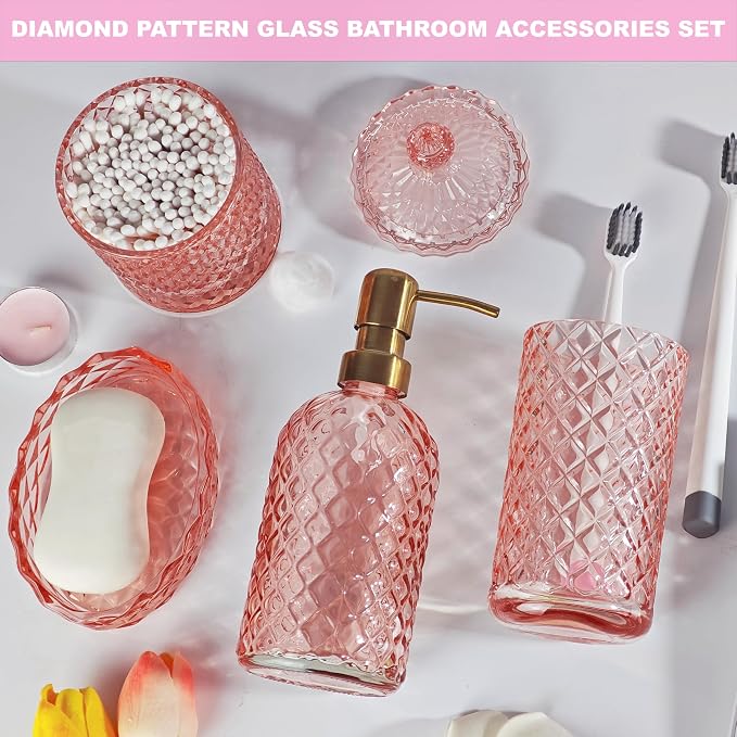 LaMarriti Pink Bathroom Accessories Set, 4Pcs Clear Glass Bathroom Set | Soap Dispenser and Toothbrush Holder Set, Soap Dish, Q-tips Holder for Crystal Glass Vintage Bathroom Decor, Gift Set