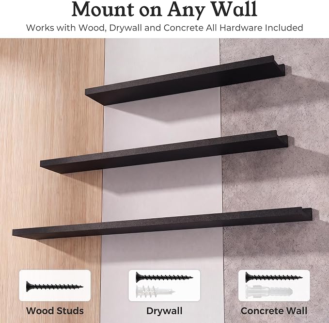 Black Picture Ledge Shelves for Wall, 4.5" Deep Wood Floating Shelves with Lip for Bedroom, Living Room, 30" Width, Color Black Set of 2